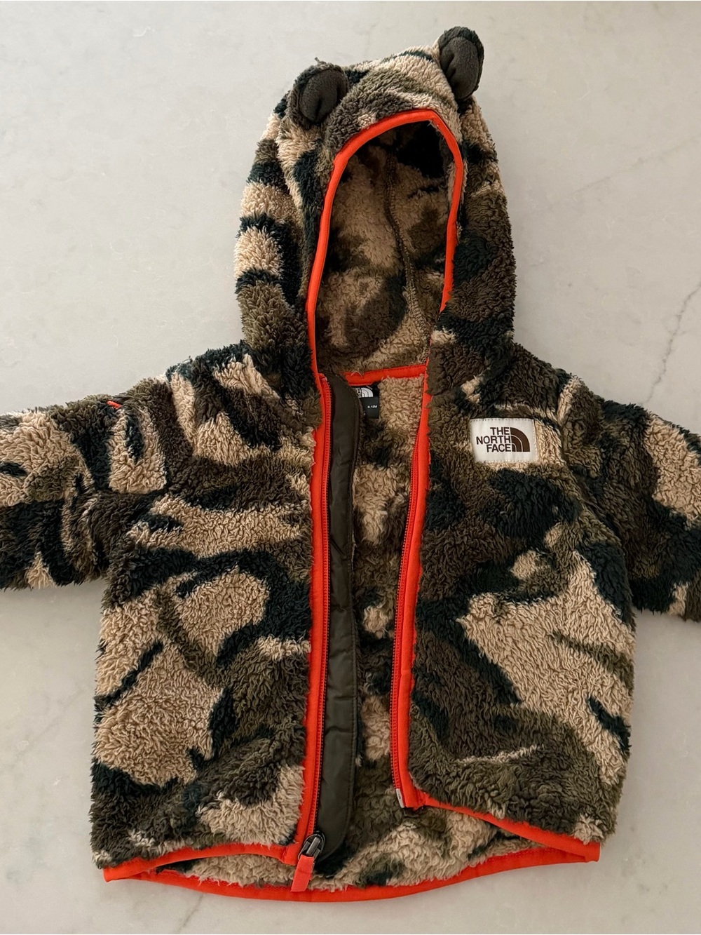 The North Face Kids' Sherpa Hooded Jacket in Tan, Olive & Orange Trim